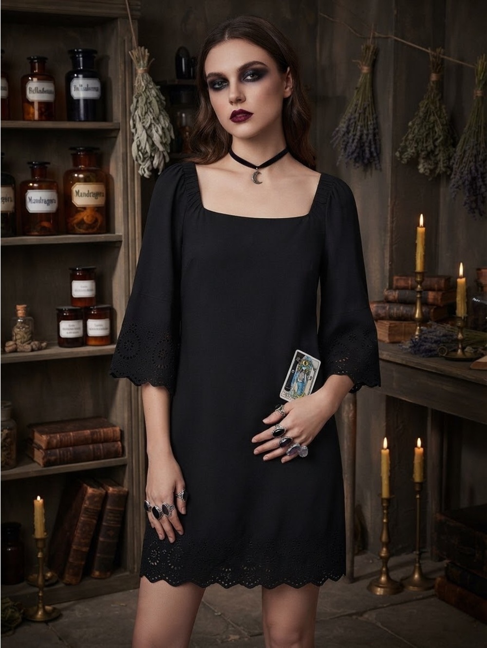 Roz & Ali Black Eyelet Trim Square Neck Shift Dress Size XS Whimsigoth Whitchy